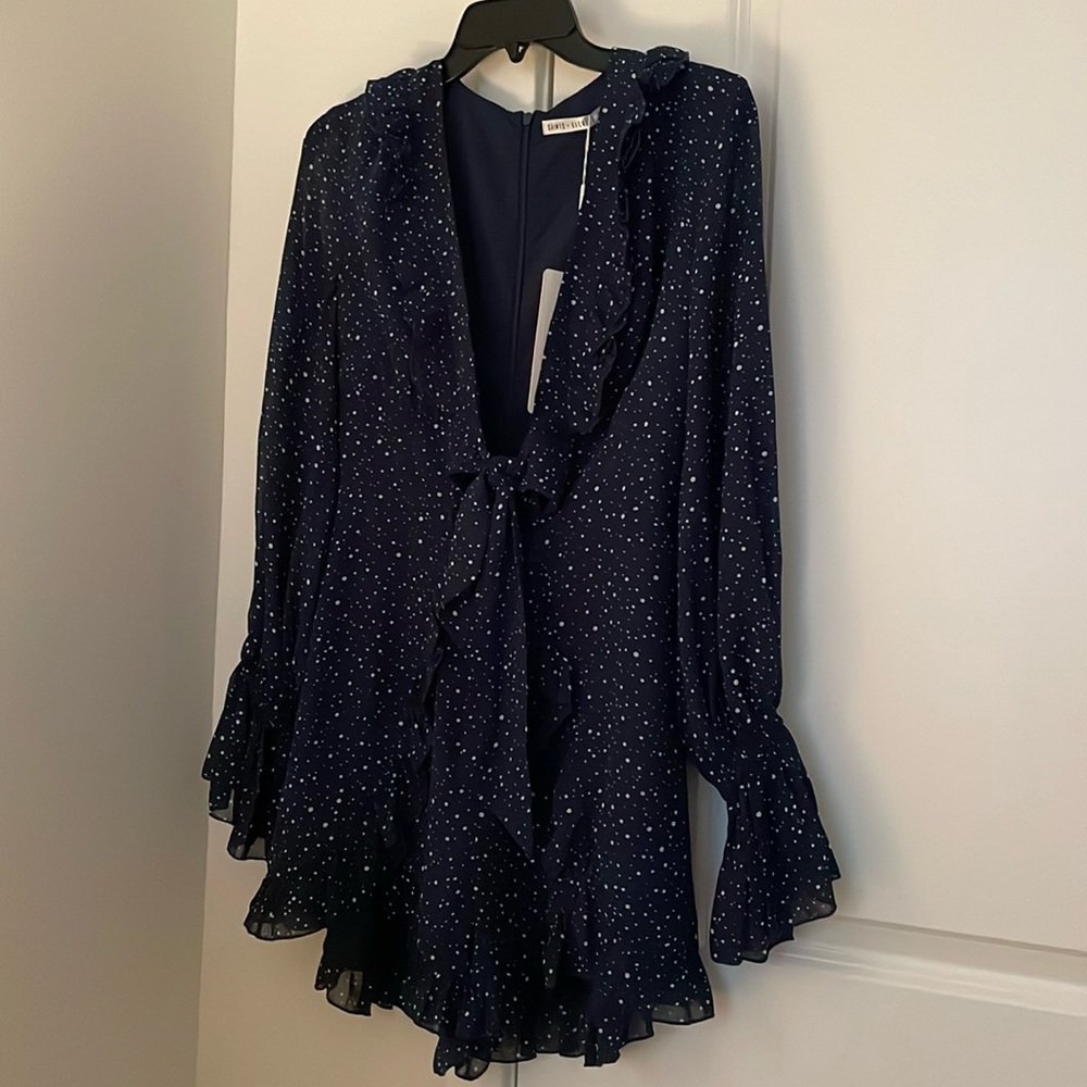 Saints + Secrets Navy Blue Ruffle Dot Cut Out Romper Sz M NWT